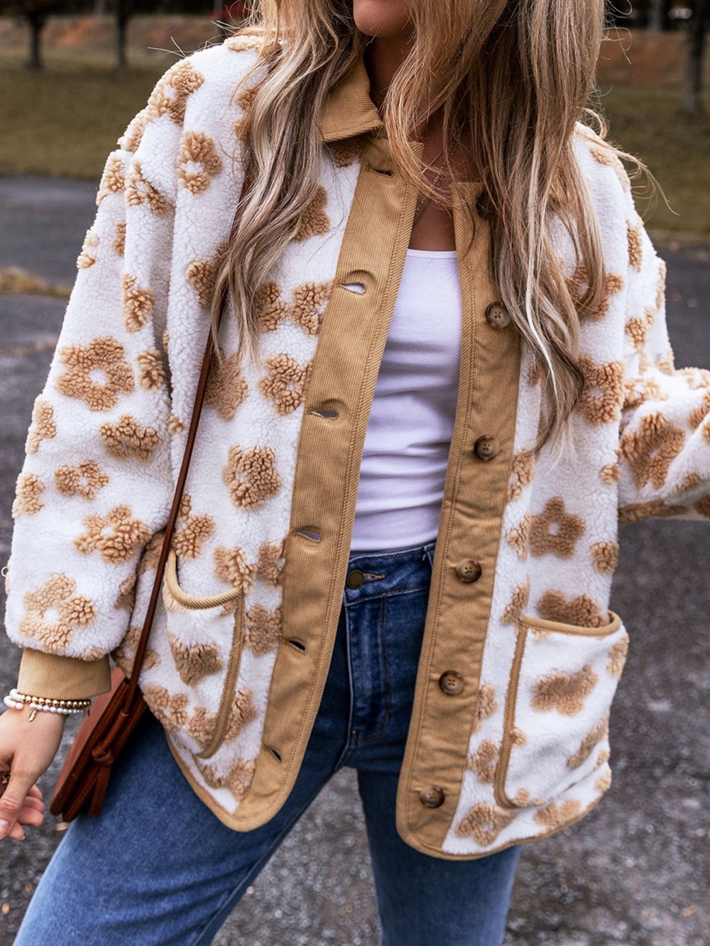 Flower Pattern Button Up Fleece Jacket - Picture 4 of 14